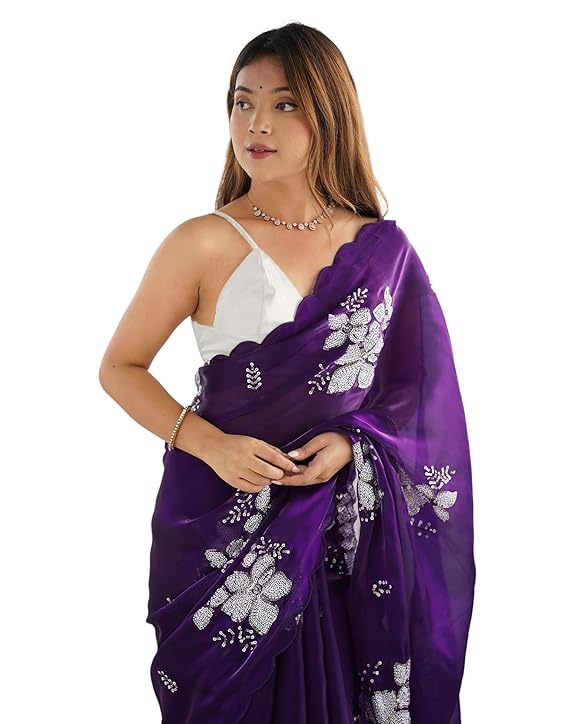 Women's Shimmer Chiffon Saree | Sequence Embroidery Saree With Unstitched Blouse Piece