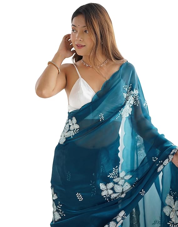 Women's Shimmer Chiffon Saree | Sequence Embroidery Saree With Unstitched Blouse Piece