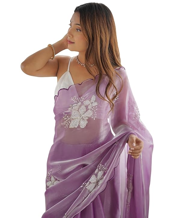 Women's Shimmer Chiffon Saree | Sequence Embroidery Saree With Unstitched Blouse Piece