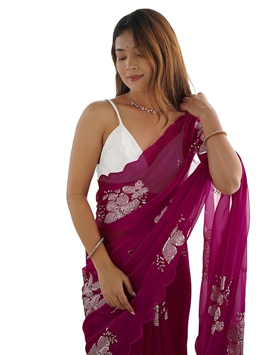Women's Shimmer Chiffon Saree | Sequence Embroidery Saree With Unstitched Blouse Piece