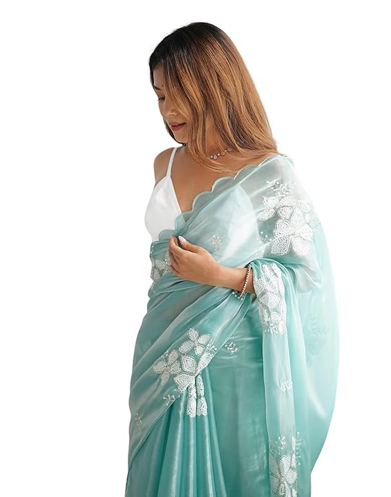 Women's Shimmer Chiffon Saree | Sequence Embroidery Saree With Unstitched Blouse Piece