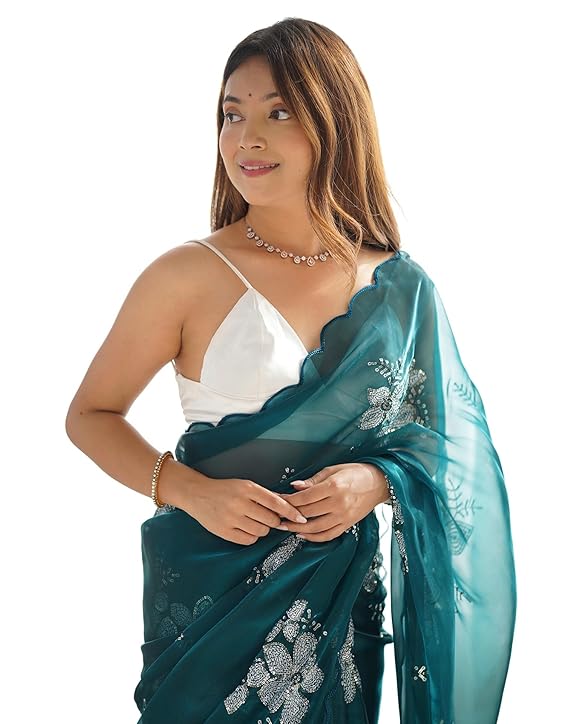 Women's Shimmer Chiffon Saree | Sequence Embroidery Saree With Unstitched Blouse Piece
