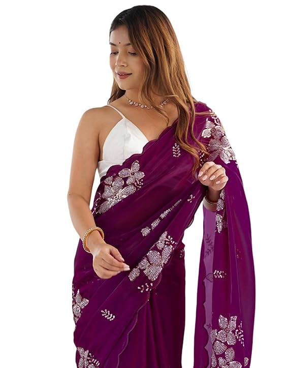 Women's Shimmer Chiffon Saree | Sequence Embroidery Saree With Unstitched Blouse Piece